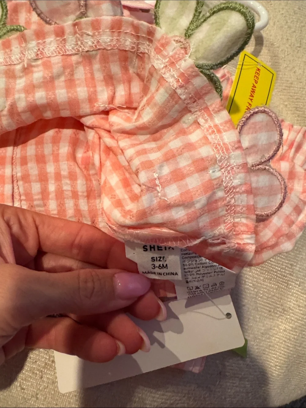 SHEIN Pink Gingham Floral Trim Kids Matching Set